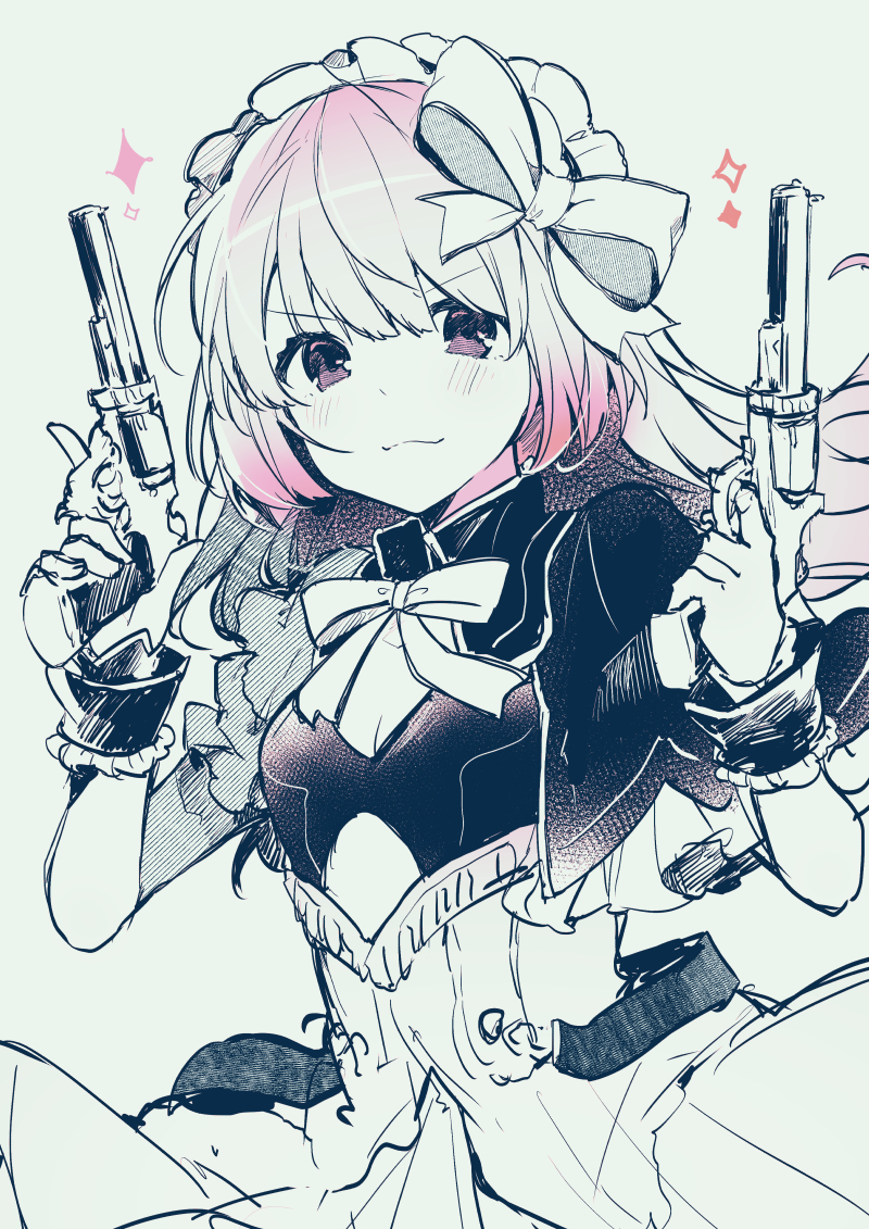1girl :3 bangs blush bow copyright_request dual_wielding eyebrows_visible_through_hair finger_on_trigger grey_background gun hair_bow hairband handgun hands_up holding holding_gun holding_weapon ikeuchi_tanuma looking_at_viewer monochrome neck_ribbon revolver ribbon simple_background smile smug solo sparkle trigger_discipline upper_body weapon wrist_cuffs