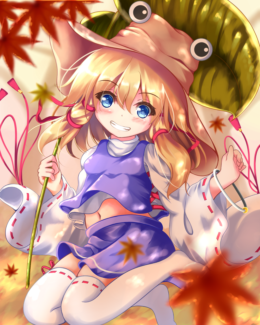 1girl autumn_leaves bangle blonde_hair blue_eyes blue_skirt blue_vest blurry blush bracelet breasts commentary_request curled_fingers depth_of_field eyebrows_visible_through_hair folded_leg grin hair_between_eyes hair_ribbon hat head_tilt holding jewelry jumping leaf leaf_umbrella long_sleeves maple_leaf medium_hair midriff moriya_suwako navel no_shoes orange_sky outdoors over-kneehighs ribbon ribbon-trimmed_legwear ribbon_trim shirt sidelocks skirt sky small_breasts smile solo teeth thigh-highs touhou twilight unory vest white_legwear white_shirt wide_sleeves