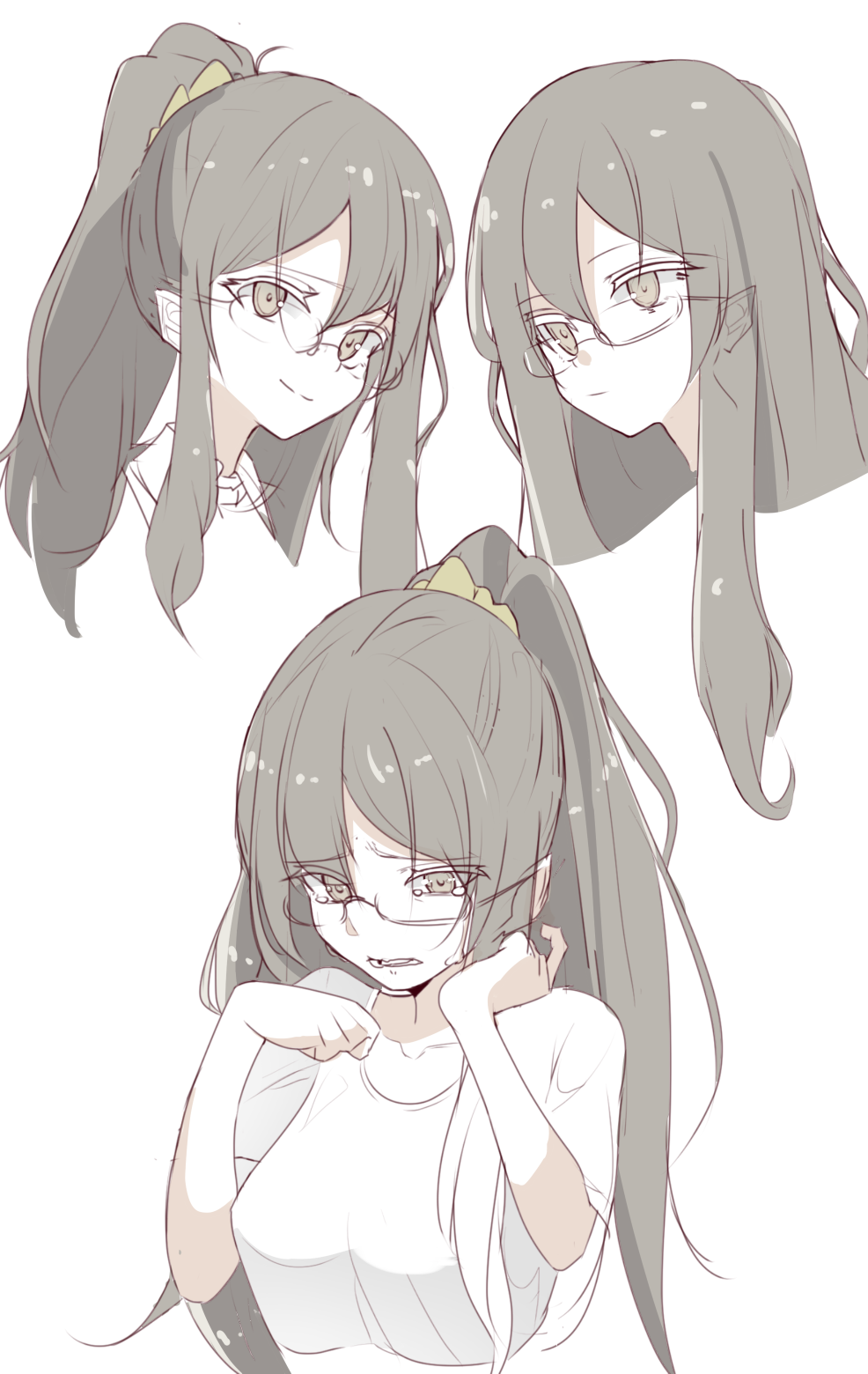 1girl bangs breasts brown_scrunchie closed_mouth collarbone crying crying_with_eyes_open eyebrows_visible_through_hair futaba_rio glasses hair_between_eyes hair_ornament hair_scrunchie hands_up head_tilt high_ponytail highres medium_breasts multiple_views ponytail scrunchie seishun_buta_yarou shirousa shirt short_sleeves simple_background smile tears white_background white_shirt