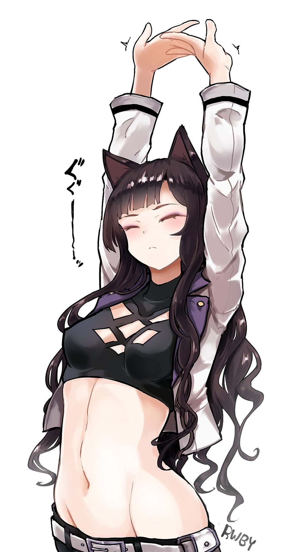 1girl adonis_belt animal_ears belt black_hair blake_belladonna blush cat_ears closed_eyes closed_mouth coat eyelashes eyes highres long_hair midriff navel nosuku open_clothes open_coat rwby stretch