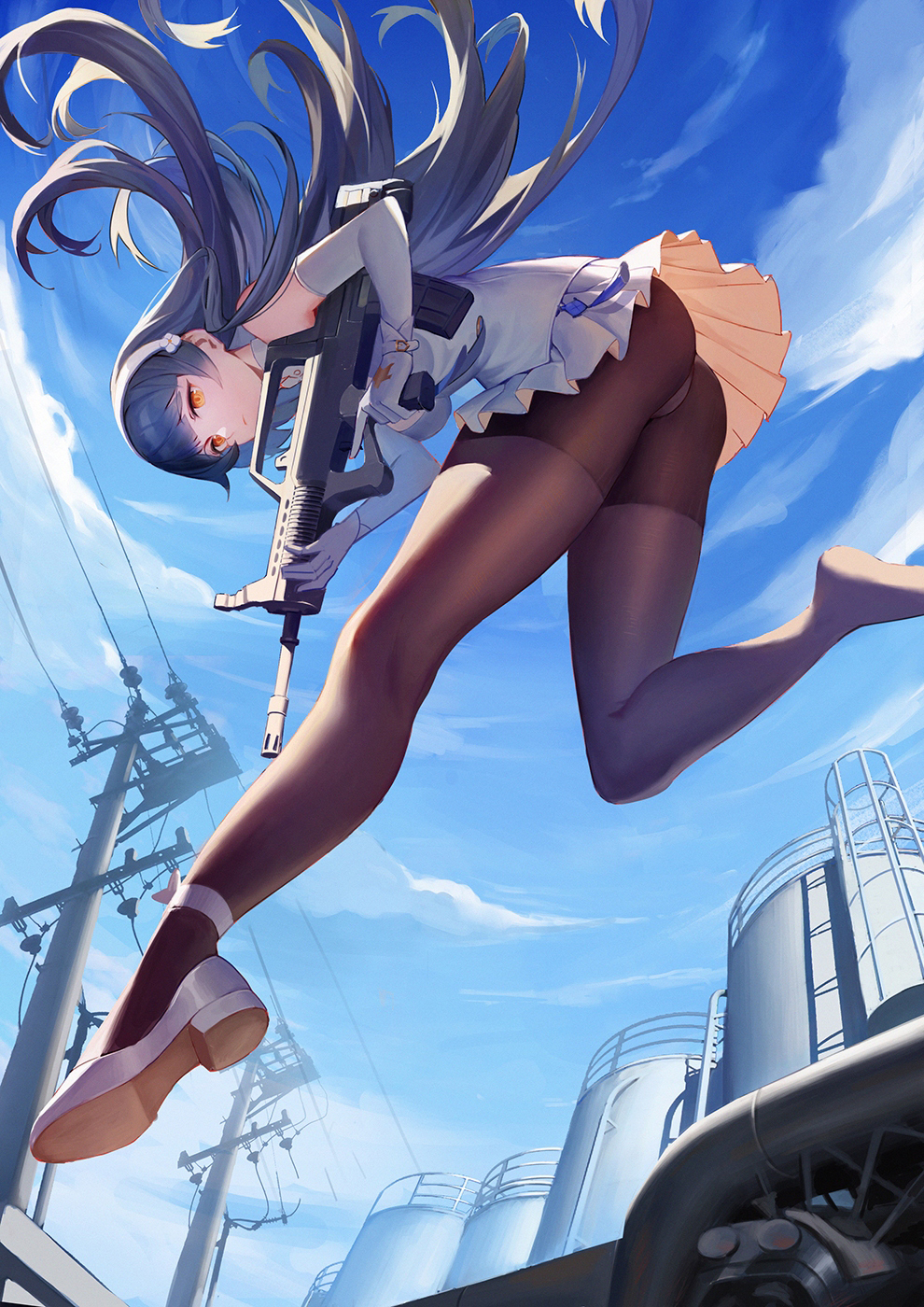 1girl ass assault_rifle bangs black_hair black_legwear blue_sky breasts bullpup cape closed_mouth clouds expressionless eyebrows_visible_through_hair floating_hair flower from_below girls_frontline gloves gun hair_flower hair_ornament hairband highres holding holding_gun holding_weapon jiaotache jumping large_breasts long_hair looking_at_viewer object_namesake outdoors pantyhose qbz-95 qbz-95_(girls_frontline) rifle shirt shoes sidelocks single_shoe skirt sky solo thigh-highs very_long_hair weapon white_footwear white_gloves white_hairband white_shirt white_skirt yellow_eyes