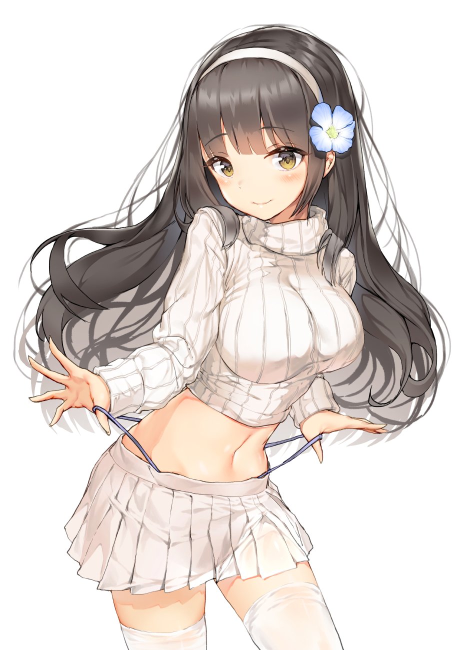 1girl bangs black_hair blush breasts casual closed_mouth clothes_lift eyebrows_visible_through_hair flower girls_frontline groin hair_flower hair_ornament hairband highres large_breasts lee_seok_ho long_hair looking_at_viewer navel panty_tug pleated_skirt qbz-95_(girls_frontline) ribbed_sweater sidelocks simple_background skirt smile solo stomach sweater sweater_lift thigh-highs turtleneck turtleneck_sweater very_long_hair white_background white_hairband white_legwear white_skirt white_sweater yellow_eyes