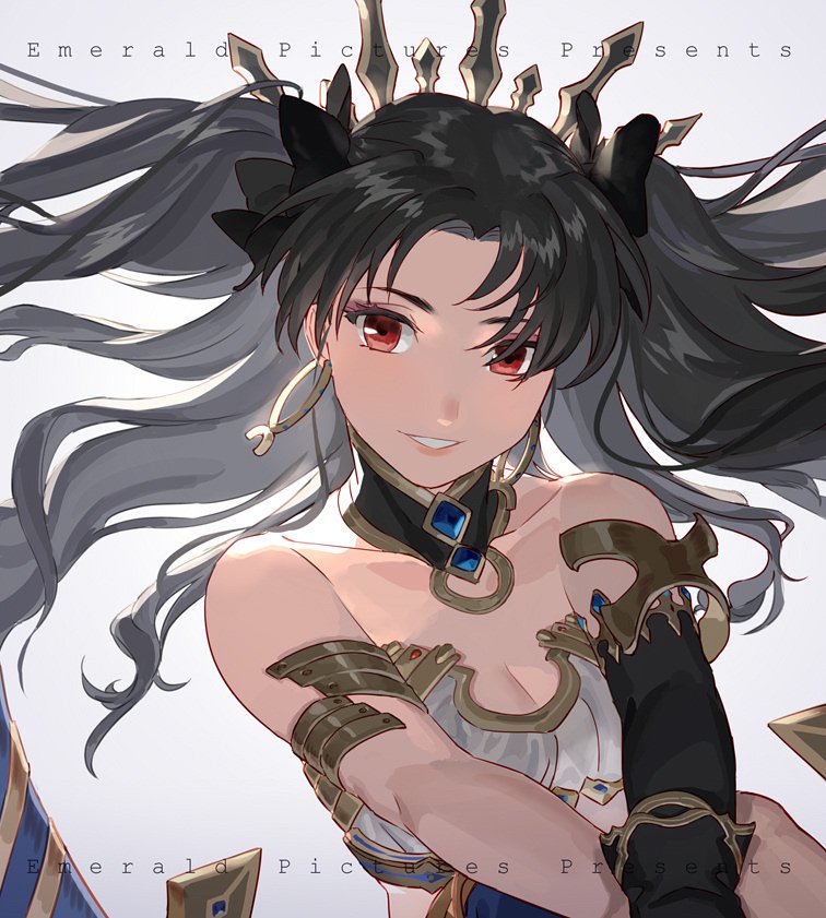 1girl arm_strap asymmetrical_sleeves black_bow black_gloves black_hair black_sleeves blue_legwear bow bra breasts choker cleavage detached_sleeves diadem earrings fate/grand_order fate_(series) floating_hair gloves grey_background grey_bra grin hair_bow holy_pumpkin ishtar_(fate/grand_order) jewelry long_hair long_sleeves medium_breasts red_eyes single_sleeve smile solo striped striped_bra underwear very_long_hair