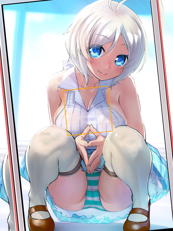 1girl antenna_hair blue_eyes blue_skirt blush breasts cleavage collarbone dennou_shoujo_youtuber_shiro hands_together looking_at_viewer mary_janes medium_breasts panties pantyshot sasayuki shiro_(dennou_shoujo_youtuber_shiro) shirt shoes short_hair skirt sleeveless sleeveless_shirt smile solo squatting thigh-highs underwear viewfinder white_hair white_legwear