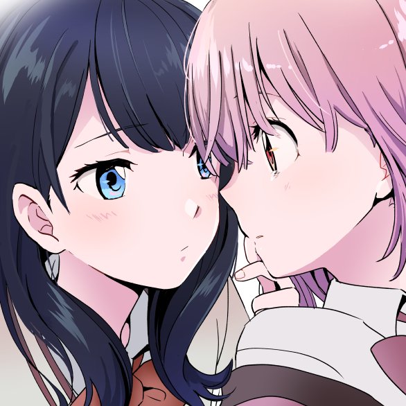 2girls bangs black_hair blue_eyes blush bow bowtie close-up collared_shirt commentary_request face-to-face finger_to_another's_mouth long_hair looking_at_another multiple_girls niina_ryou pink_hair red_eyes red_neckwear shinjou_akane shirt short_hair ssss.gridman takarada_rikka yuri