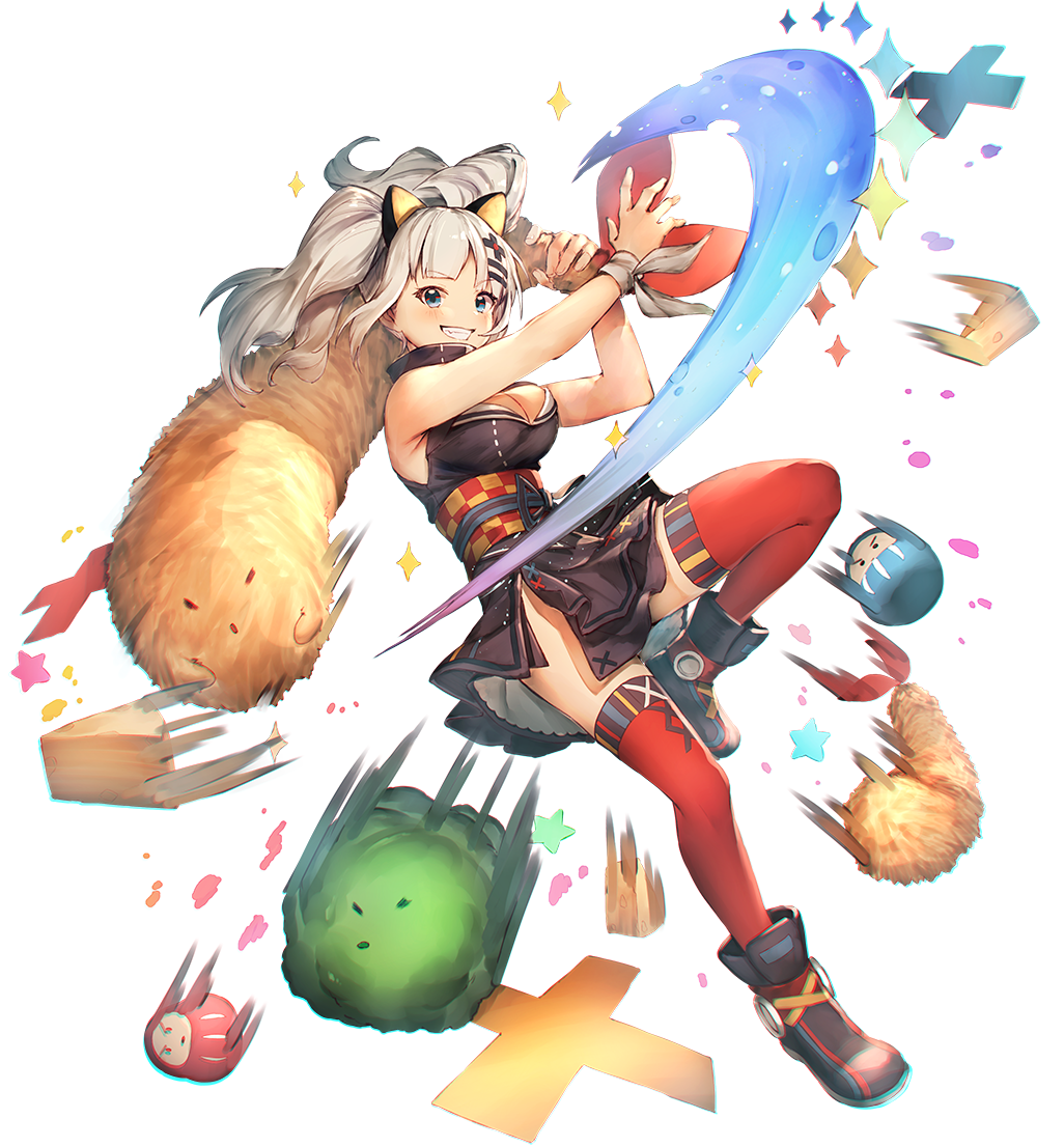 1girl :d bare_shoulders blue_eyes breasts cleavage commentary_request daruma_doll food granblue_fantasy_(style) hands_up holding kaguya_luna kaguya_luna_(character) kotoribako large_breasts looking_at_viewer obi open_mouth red_legwear sash shoes silver_hair smile sneakers solo tempura thigh-highs twintails virtual_youtuber wristband