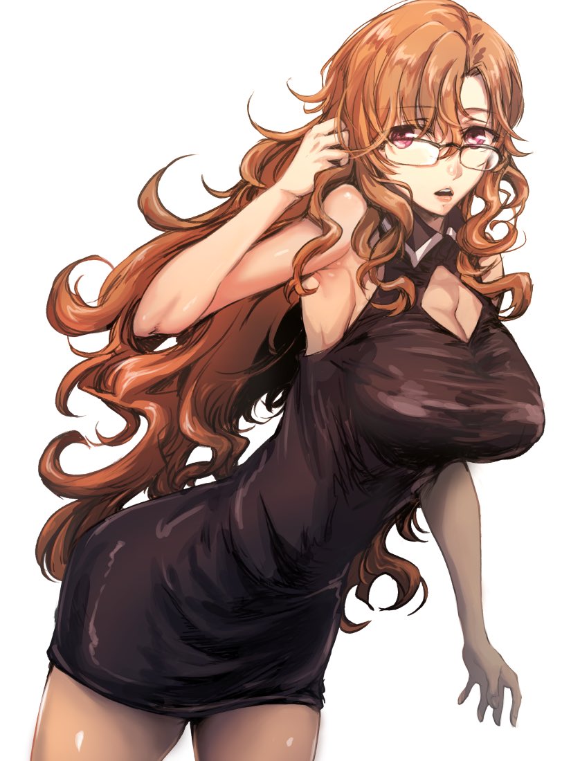 1girl bare_shoulders black-framed_eyewear black_dress breasts brown_hair cleavage cleavage_cutout curly_hair dress eyebrows_visible_through_hair floating_hair glasses hair_between_eyes hand_in_hair herozu_(xxhrd) kiryuu_moeka large_breasts long_hair looking_at_viewer open_mouth over-rim_eyewear red_eyes semi-rimless_eyewear shiny shiny_clothes short_dress simple_background sleeveless sleeveless_dress solo steins;gate very_long_hair white_background