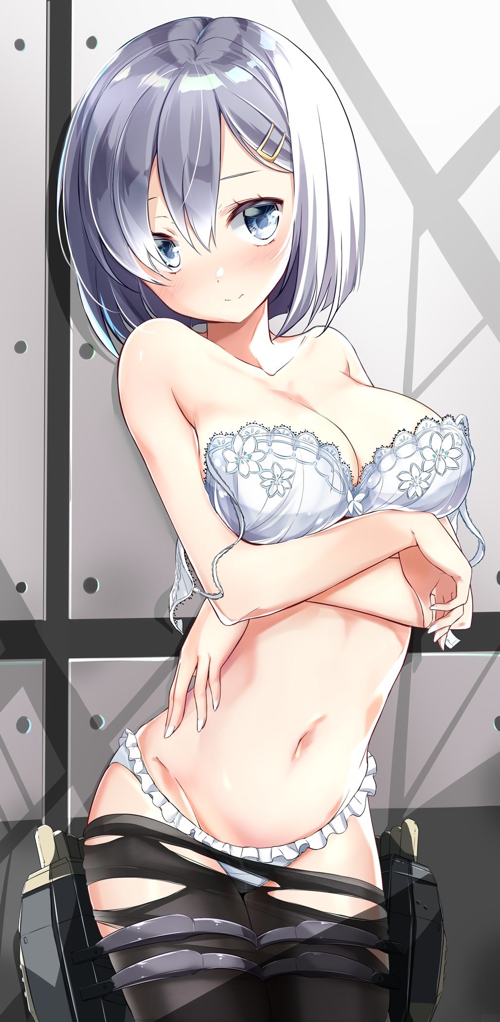 1girl bangs black_legwear blue_eyes blush bra breast_hold breasts cleavage closed_mouth collarbone commentary_request cowboy_shot eyebrows_behind_hair frilled_bra frilled_panties frills groin hair_between_eyes hair_ornament hair_over_one_eye hairclip hamakaze_(kantai_collection) highres kantai_collection kengorou_saemon_ii_sei large_breasts lingerie looking_at_viewer machinery navel panties pantyhose short_hair silver_hair smile solo standing thighs torn_clothes torn_legwear torpedo_tubes underwear undressing white_bra white_panties