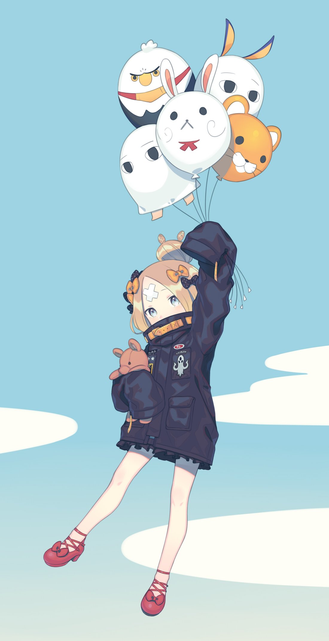 1girl abigail_williams_(fate/grand_order) balloon black_jacket blonde_hair blue_eyes clouds commentary_request crossed_bandaids fate/grand_order fate_(series) fou_(fate/grand_order) hair_ornament hair_ribbon heroic_spirit_traveling_outfit highres holding_balloon jacket looking_at_viewer medjed miitarou nitocris_(fate/grand_order) nitocris_(swimsuit_assassin)_(fate) object_hug ribbon shoes sky solo stuffed_animal stuffed_toy teddy_bear