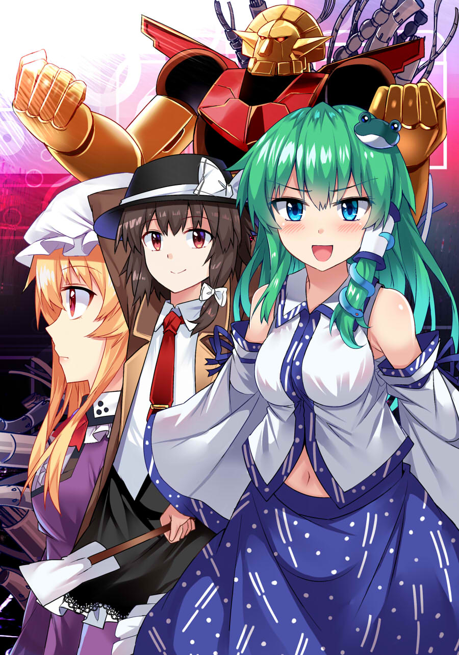 3girls :d bare_shoulders black_hat black_skirt blonde_hair blue_eyes blue_skirt blush bow breasts brown_coat brown_eyes brown_hair coat commentary_request cowboy_shot detached_sleeves dress e.o. fedora frills frog_hair_ornament from_side green_hair hair_bow hair_ornament hair_tubes hat hat_bow highres hisou_tensoku holding kochiya_sanae lace_trim large_breasts lips long_hair long_sleeves looking_at_viewer maribel_hearn mecha medium_breasts mob_cap multiple_girls navel necktie open_clothes open_coat open_mouth petticoat profile purple_dress red_eyes red_neckwear shirt short_hair skirt smile snake_hair_ornament standing touhou upper_body usami_renko v-shaped_eyebrows white_bow white_hat white_shirt wide_sleeves wing_collar