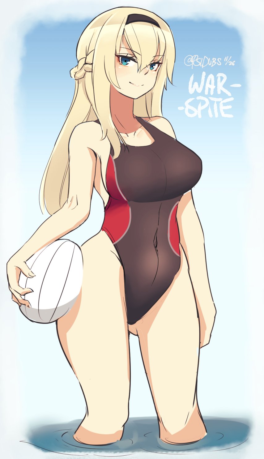 1girl ball black_hairband black_swimsuit blonde_hair blue_background blue_eyes braid breasts character_name competition_swimsuit covered_navel feet_out_of_frame french_braid gradient gradient_background hairband highres kantai_collection large_breasts long_hair one-piece_swimsuit psidubs smile solo standing swimsuit twitter_username wading warspite_(kantai_collection)