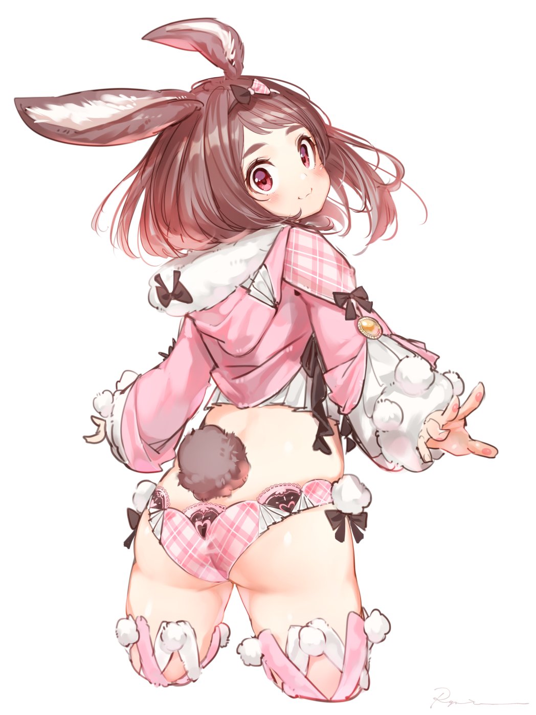 1girl :3 animal_ears ass back bangs blush boku_no_hero_academia brown_hair bunny_girl bunny_tail closed_mouth crop_top from_behind hairband highres hood hoodie long_sleeves looking_at_viewer looking_back panties pink_legwear pink_panties rabbit_ears red_eyes ryota_(ry_o_ta) short_hair side-tie_panties signature simple_background solo standing tail thigh-highs underwear uraraka_ochako white_background