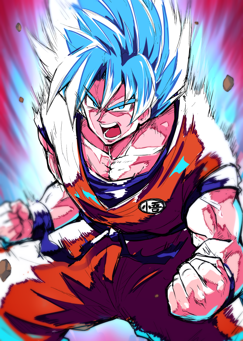 1boy blue_eyes blue_hair charging chipa_(arutana) collarbone dragon_ball dragonball_z muscle open_mouth saiyan solo son_gokuu spiky_hair super_saiyan_blue