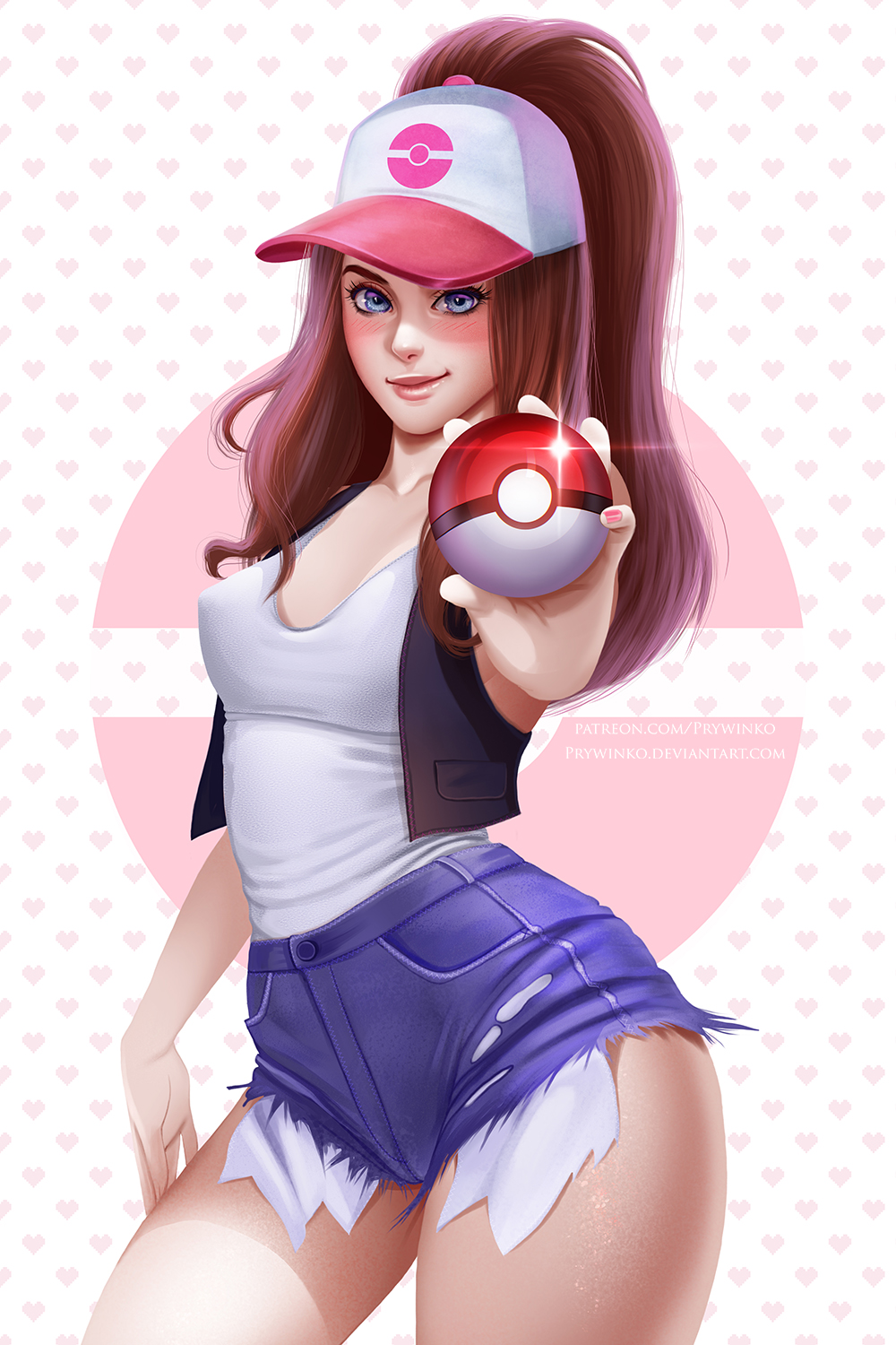 1girl black_footwear black_legwear blue_eyes creatures_(company) denim game_freak hat highres jeans nintendo olga_narhova pants poke_ball pokemon pokemon_(game) pokemon_bw ponytail skirt smile smiley_face touko_(pokemon) white_background white_hat white_skirt