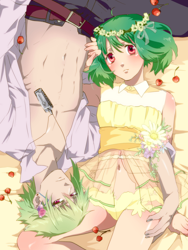 1boy 1girl abs ahoge alternate_costume belt blush brera_sterne brother_and_sister cero_(cerocero) cherry flower food fruit green_hair grey_nails hair_ornament hand_on_another's_hip head_wreath incest looking_at_viewer lying macross macross_frontier midriff nail_polish navel on_back open_clothes open_shirt ranka_lee red_eyes see-through short_hair short_shorts shorts siblings upside-down