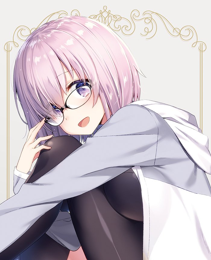 1girl :d black_legwear fate/grand_order fate_(series) from_side glasses grey_background grey_sleeves hair_over_one_eye hood hood_down hooded_jacket jacket leg_hug long_sleeves looking_at_viewer mash_kyrielight masuishi_kinoto open_clothes open_jacket open_mouth pantyhose pink_hair shiny shiny_clothes short_hair sitting smile solo violet_eyes white_jacket