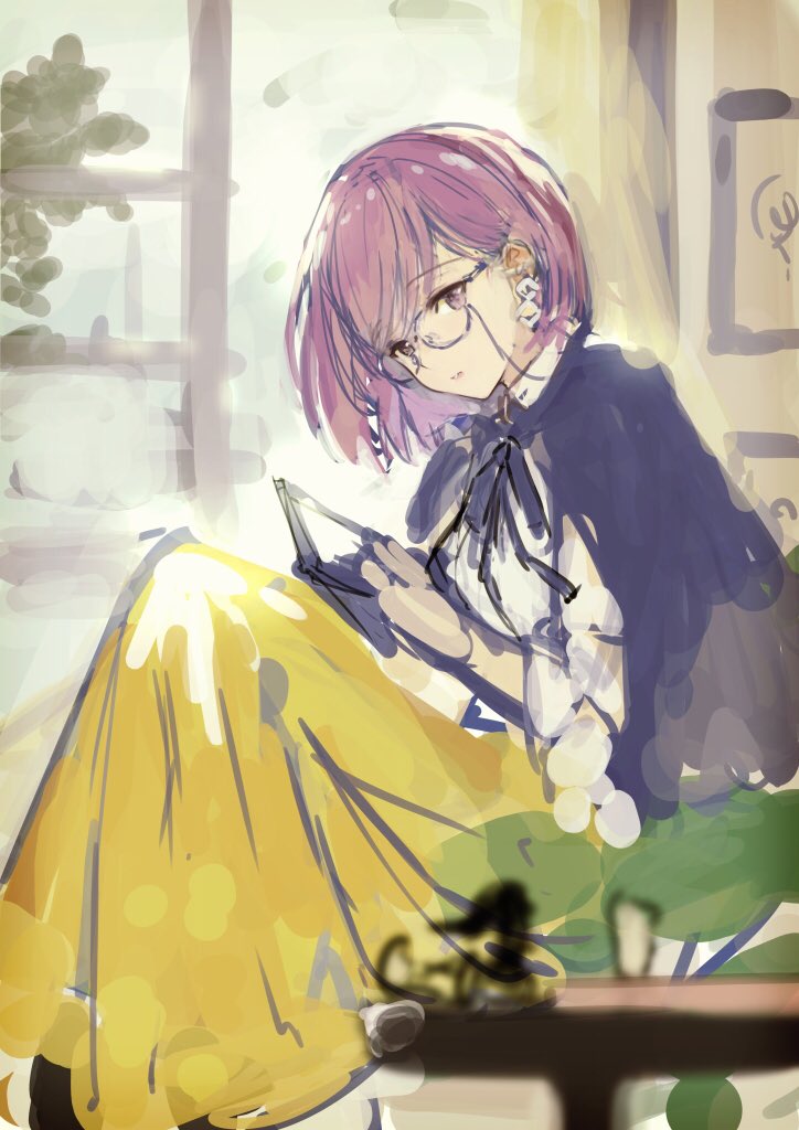 1girl bangs black_ribbon brown_eyes day fate/grand_order fate_(series) glasses haru_(hiyori-kohal) holding indoors long_skirt looking_at_viewer mash_kyrielight neck_ribbon purple_hair ribbon shirt short_hair sitting sketch skirt solo swept_bangs white_shirt yellow_skirt