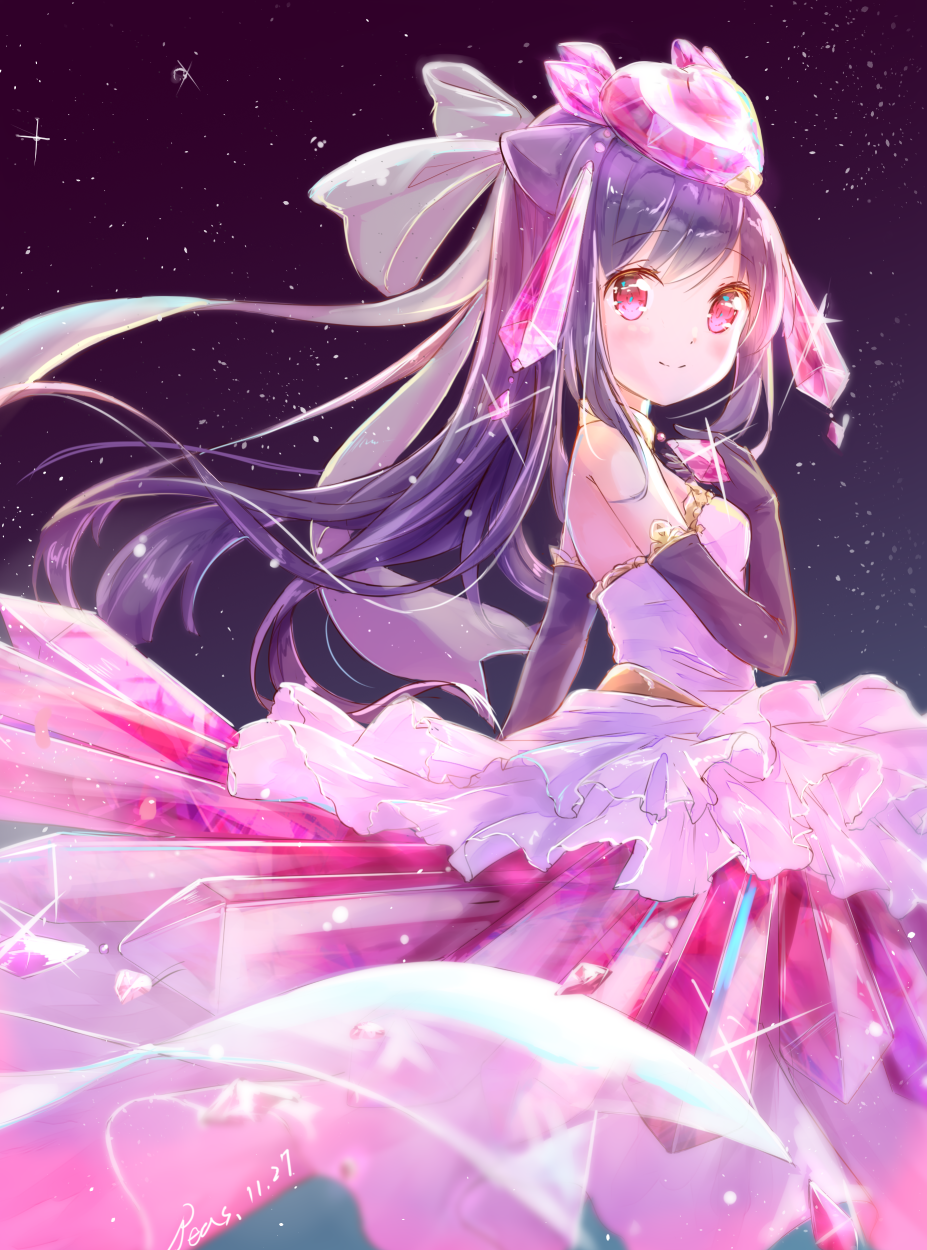 1girl bad_id bangs black_gloves black_hair blush bow closed_mouth commentary_request creatures_(company) crystal dated diancie dress elbow_gloves eyebrows_visible_through_hair game_freak gen_6_pokemon gloves hair_bow highres humanization long_hair looking_at_viewer looking_to_the_side night night_sky nintendo peas_(peas0125) pink_dress pokemon pokemon_(game) red_eyes signature sky smile solo star_(sky) starry_sky strapless strapless_dress very_long_hair white_bow