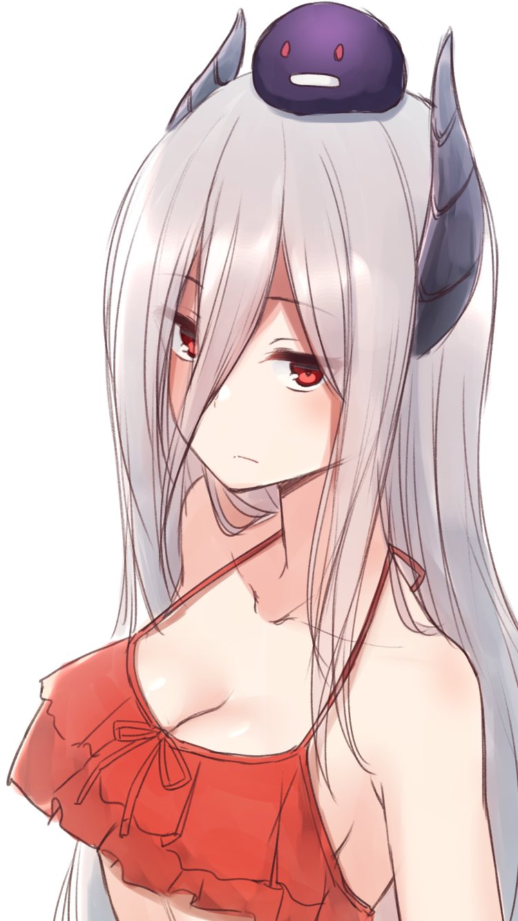 1girl bangs bare_shoulders bikini bikini_top blush breasts cleavage closed_mouth collarbone copyright_request eyebrows_visible_through_hair hair_between_eyes halter_top halterneck highres horns long_hair looking_at_viewer medium_breasts nagami_yuu on_head red_bikini red_eyes silver_hair simple_background solo swimsuit upper_body very_long_hair white_background