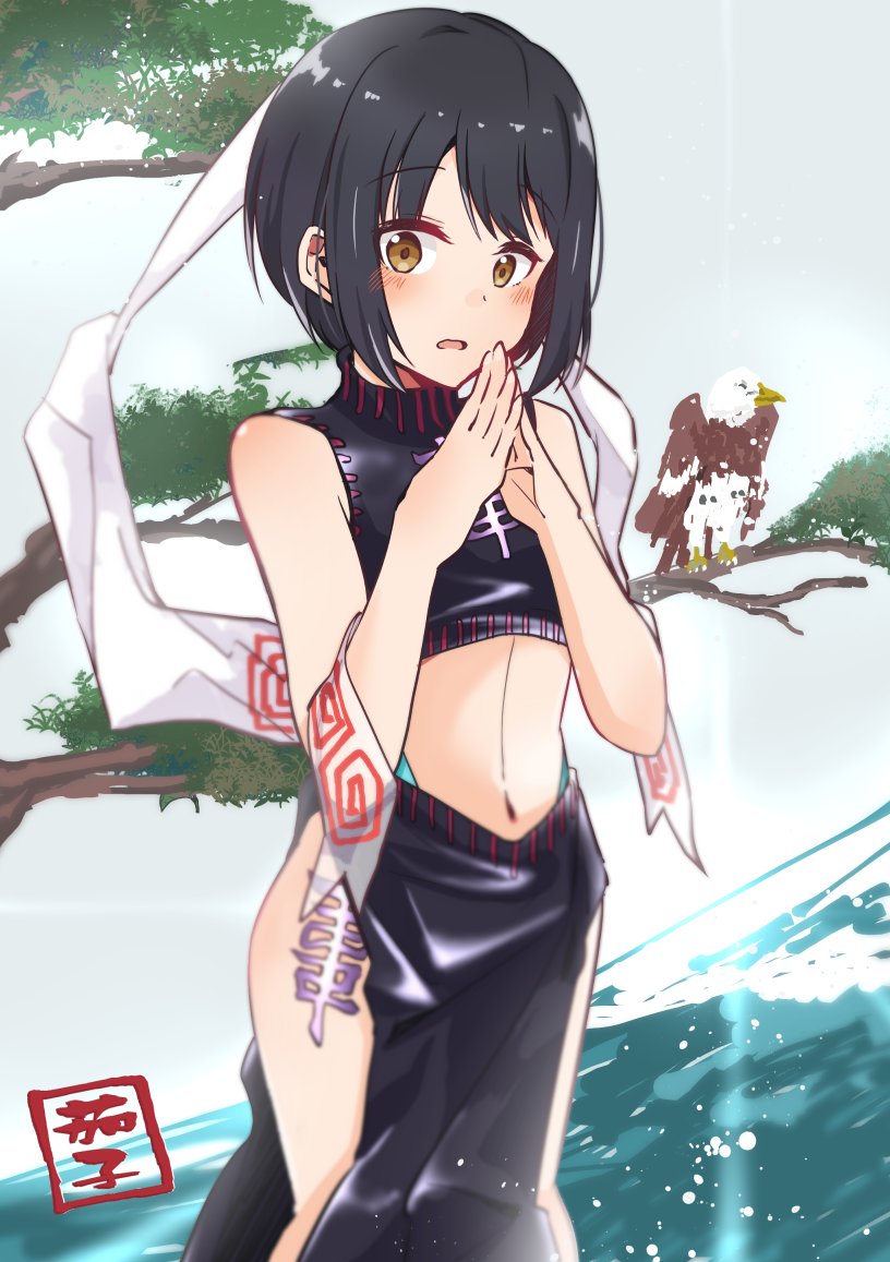 1girl bangs bare_arms bare_shoulders bird black_hair blush brown_eyes chinese_clothes cosplay crop_top eyebrows_visible_through_hair hagoromo hands_together houshin_engi idolmaster idolmaster_cinderella_girls kotobuki_haruki midriff navel open_mouth ou_kijin ou_kijin_(cosplay) pelvic_curtain shawl short_hair solo standing takafuji_kako tree_branch water