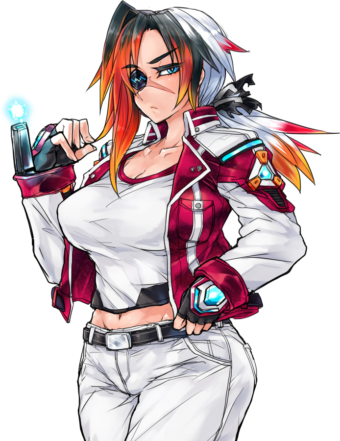 1girl belt black_gloves black_hair blue_eyes bracer breasts bright_pupils character_request cleavage closed_mouth cosmic_break cowboy_shot denim eyepatch fingerless_gloves gloves hand_up jacket jeans large_breasts looking_at_viewer midriff_peek multicolored_hair navel one_eye_covered open_clothes open_jacket orange_hair pants ponytail redhead scar scar_across_eye shirt silver_hair simple_background skj smile solo standing white_background white_pants white_shirt