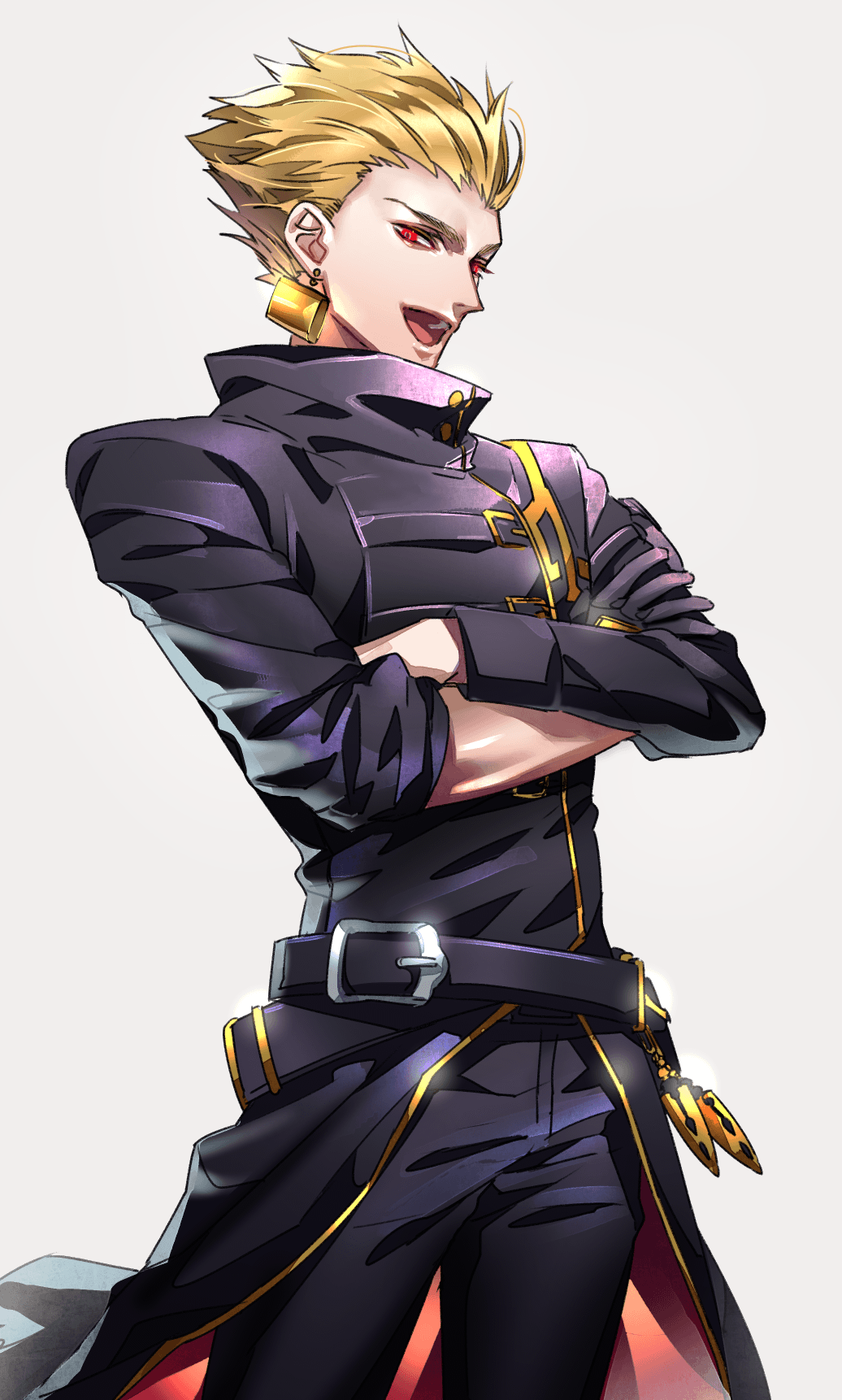 1boy :d belt black_coat black_pants blonde_hair coat cowboy_shot crossed_arms fate/grand_order fate_(series) gilgamesh grey_background hair_slicked_back highres lock lock_earrings long_sleeves looking_at_viewer male_focus open_mouth padlock pants red_eyes simple_background smile solo tenobe