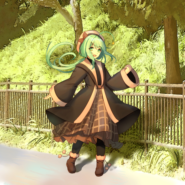 1girl :d ahoge bangs beret black_legwear blush bow brown_bow brown_footwear brown_jacket brown_skirt commentary day eyebrows_visible_through_hair fence fur-trimmed_boots fur_trim green_eyes green_hair hair_between_eyes hair_ornament hairclip hand_up hat hat_bow head_tilt hua_ye jacket long_hair long_sleeves low_ponytail open_clothes open_jacket open_mouth original outdoors pantyhose ponytail sidelocks skirt sleeves_past_wrists smile solo standing symbol_commentary tree very_long_hair white_hat wide_sleeves wind