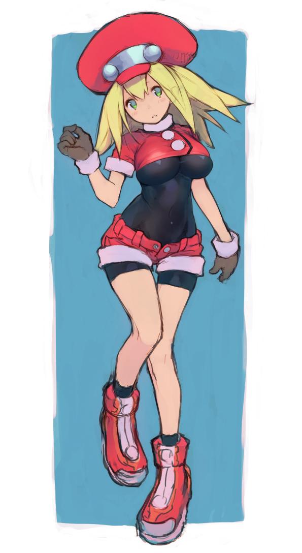 1girl alternate_breast_size bike_shorts blonde_hair blush breasts cabbie_hat covered_navel full_body gloves green_eyes hair_between_eyes hat head_tilt jiyu2 large_breasts long_hair lying on_back red_footwear red_shorts rockman rockman_dash roll_caskett shoes shorts simple_background skin_tight solo thigh_gap