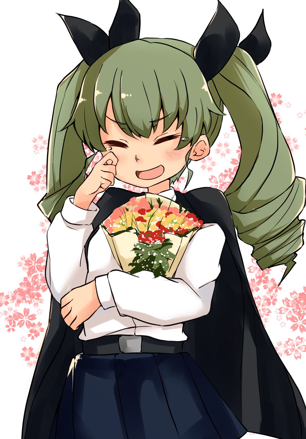 1girl anchovy anzio_school_uniform bangs barashiya belt black_belt black_cape black_skirt bouquet cape closed_eyes commentary dress_shirt drill_hair eyebrows_visible_through_hair facing_viewer floral_background flower girls_und_panzer green_hair highres holding holding_bouquet light_blush long_hair long_sleeves miniskirt open_mouth pleated_skirt school_uniform shirt skirt smile solo standing tearing_up tears twin_drills twintails upper_body white_background white_shirt wiping_tears