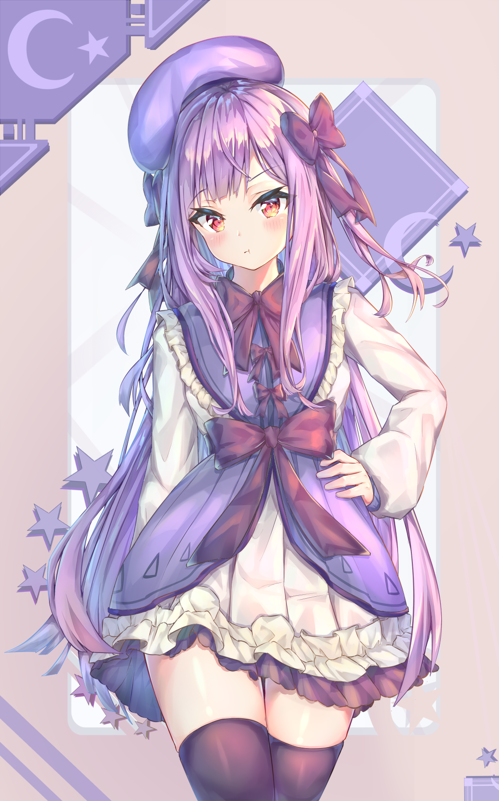 1girl :t beret black_legwear blush bow bowtie closed_mouth cowboy_shot crescent dress frilled_dress frills furrowed_eyebrows hair_ribbon hand_on_hip hat highres long_hair long_sleeves looking_at_viewer mishuo_(misuo69421) original pout puffy_sleeves purple_hair purple_hat red_eyes ribbon solo standing star thigh-highs very_long_hair white_dress zettai_ryouiki