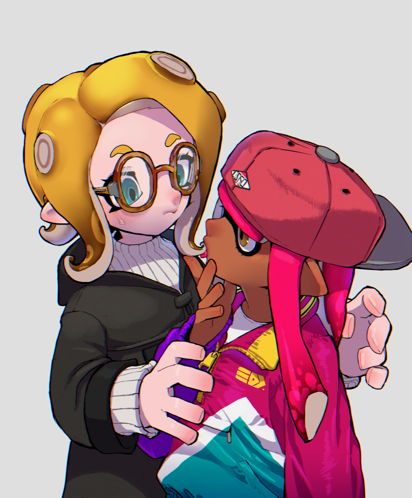 2girls backwards_hat baseball_cap blue_eyes breasts brown_eyes dark_skin eye_contact glasses grey_background hat inkling jacket katsuoboshi looking_at_another medium_breasts multiple_girls octoling open_mouth pink_hair pointy_ears ribbed_sweater simple_background splatoon_(series) suction_cups sweater tentacle_hair upper_body yuri zipper_pull_tab