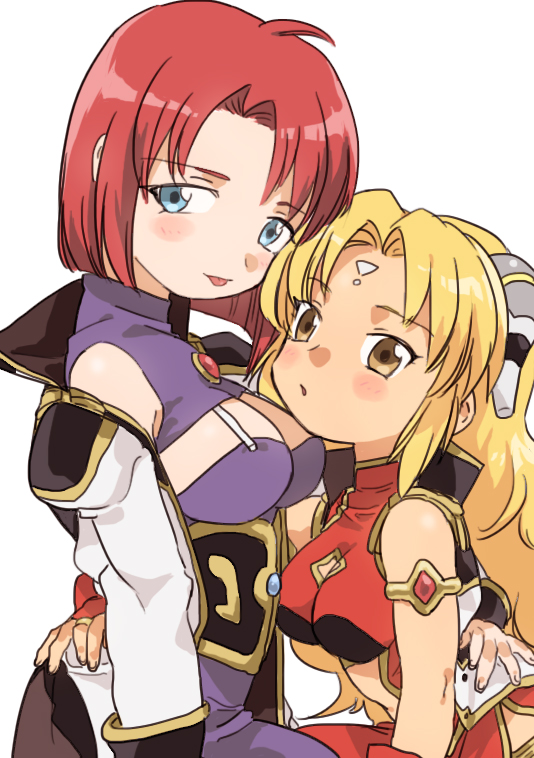 2girls arm_around_waist armlet bare_arms blonde_hair blue_eyes blush breasts brown_eyes china_dress chinese_clothes cleavage dress facial_mark forehead_mark forte_stollen galaxy_angel hair_ornament hakinikui_kutsu_no_mise large_breasts long_hair long_sleeves medium_breasts multiple_girls off_shoulder ranpha_franboise redhead short_hair simple_background smile white_background yuri