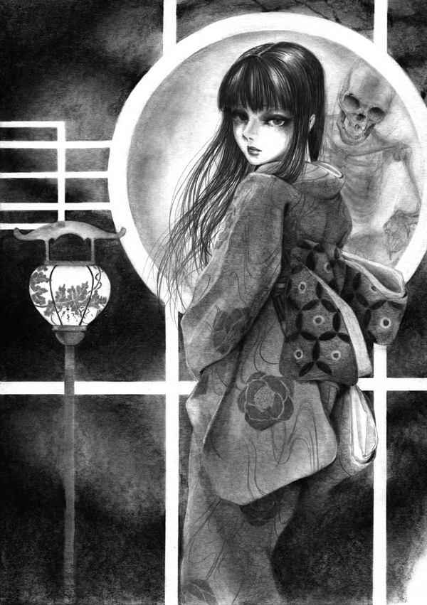 1girl bangs from_behind graphite_(medium) greyscale hane_(azelye) japanese_clothes kimono lantern long_hair long_sleeves looking_at_viewer looking_back mirror monochrome obi original sash skeleton solo standing traditional_media wide_sleeves