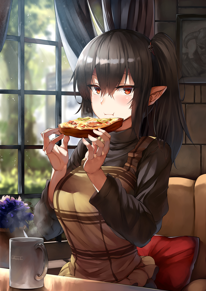 1girl bangs black_hair black_sweater blush breasts brown_eyes closed_mouth couch cup curtains cushion eating flower food hair_between_eyes hair_ornament highres large_breasts lighting lolicept long_hair long_sleeves looking_at_viewer mug pizza pointy_ears sitting skull_hair_ornament solo sweater turtleneck turtleneck_sweater window