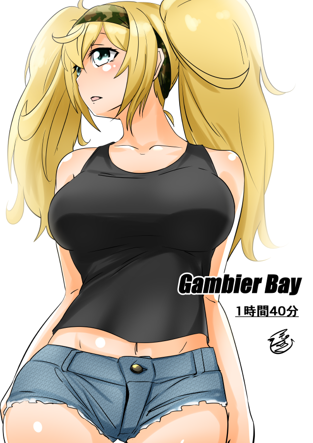 arms_at_sides black_tank_top blonde_hair blue_eyes breasts character_name commentary_request cowboy_shot cutoff_jeans cutoffs gambier_bay_(kantai_collection) hairband kantai_collection large_breasts open_mouth shorts signature timestamp tsukino_murakumo twintails white_background