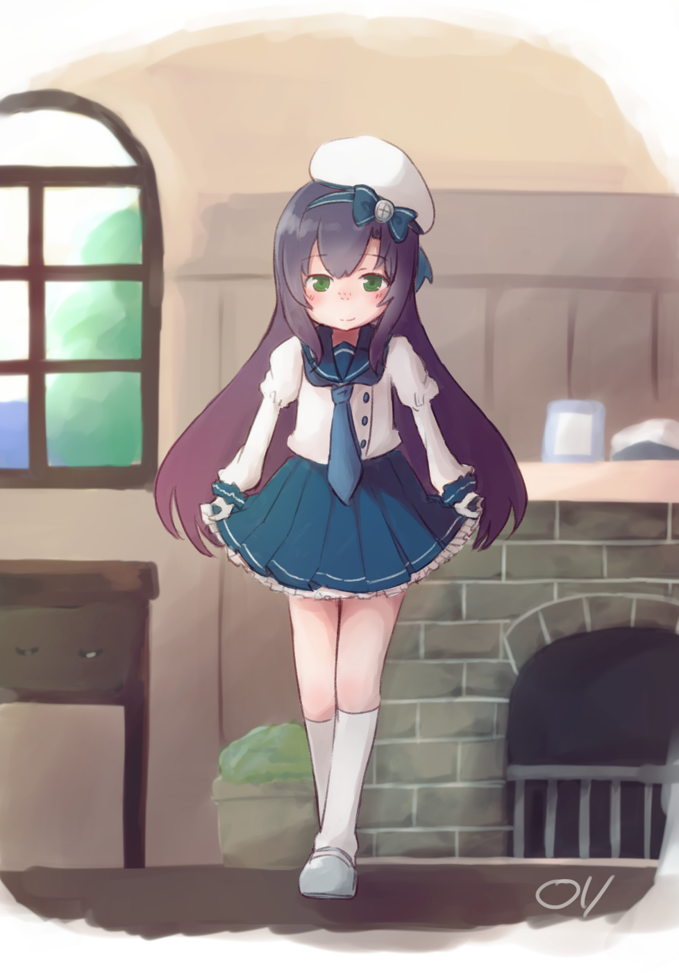 1girl black_hair blue_neckwear blue_ribbon blue_skirt buttons curtsey fireplace full_body gloves gradient_hair green_eyes hat highres kantai_collection kneehighs long_hair long_sleeves looking_at_viewer ma_rukan matsuwa_(kantai_collection) multicolored_hair neckerchief pleated_skirt purple_hair ribbon sailor_hat school_uniform serafuku skirt solo standing table white_gloves white_hat white_legwear window