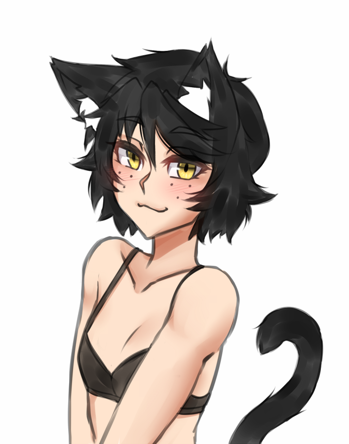 1girl :3 animal_ear_fluff animal_ears black_bra black_hair blush bra cat_ears cat_tail collarbone commentary eyebrows_visible_through_hair flat_chest freckles kemonomimi_mode looking_at_viewer mari_(twrlare) no_shirt original short_hair simple_background smile solo tail twrlare underwear upper_body white_background yellow_eyes