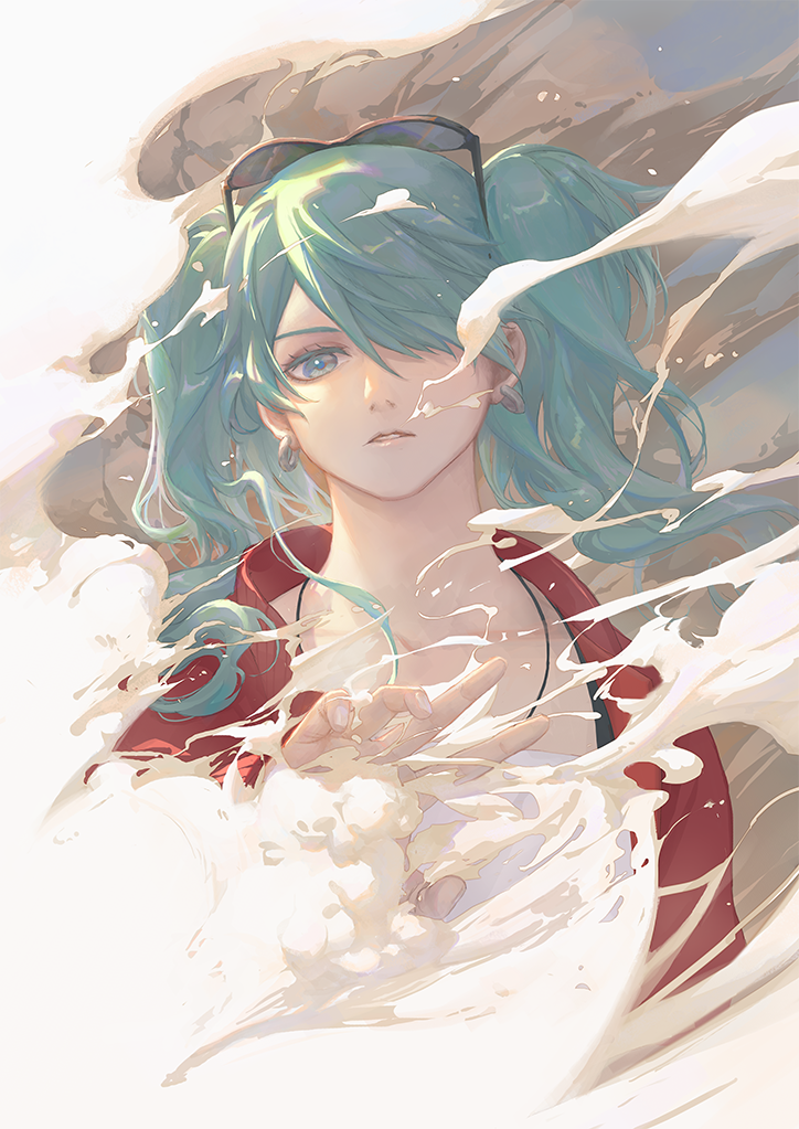 1girl aqua_eyes aqua_hair barbara_(y01251214) commentary_request earrings eyewear_on_head graphite_(medium) hatsune_miku jacket jewelry long_hair looking_at_viewer necklace open_clothes open_jacket outstretched_hand red_jacket smoke solo suna_no_wakusei_(vocaloid) sunglasses traditional_media twintails vocaloid