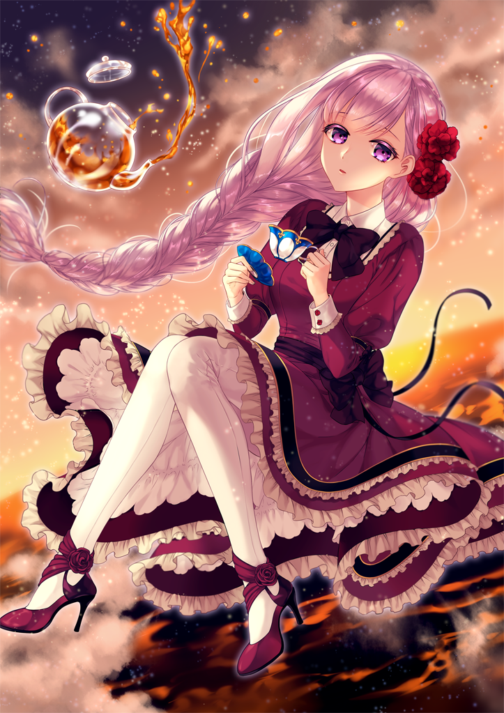 1girl black_bow bow braid cup dress flower frilled_dress frills hair_flower hair_ornament high_heels hsmoji long_braid long_hair looking_at_viewer pouring purple_dress purple_footwear purple_hair qurare_magic_library red_flower teacup teapot transparent twilight very_long_hair violet_eyes