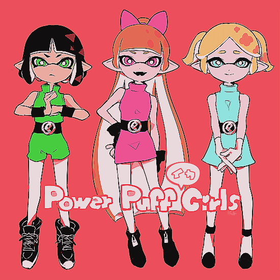 3girls adapted_costume arm_at_side belt black_gloves black_hair blonde_hair blossom_(ppg) blue_eyes bow bubbles_(ppg) buttercup_(ppg) crossover fangs fingerless_gloves fist_in_hand gloves green_eyes hair_bow hand_on_hip hands_together imaikuy0 inkling long_hair looking_at_viewer multiple_girls pink_eyes powerpuff_girls red_background redhead shoes short_hair short_shorts shorts simple_background sleeveless smile sneakers splatoon_(series) standing tentacle_hair very_long_hair white_gloves wristband
