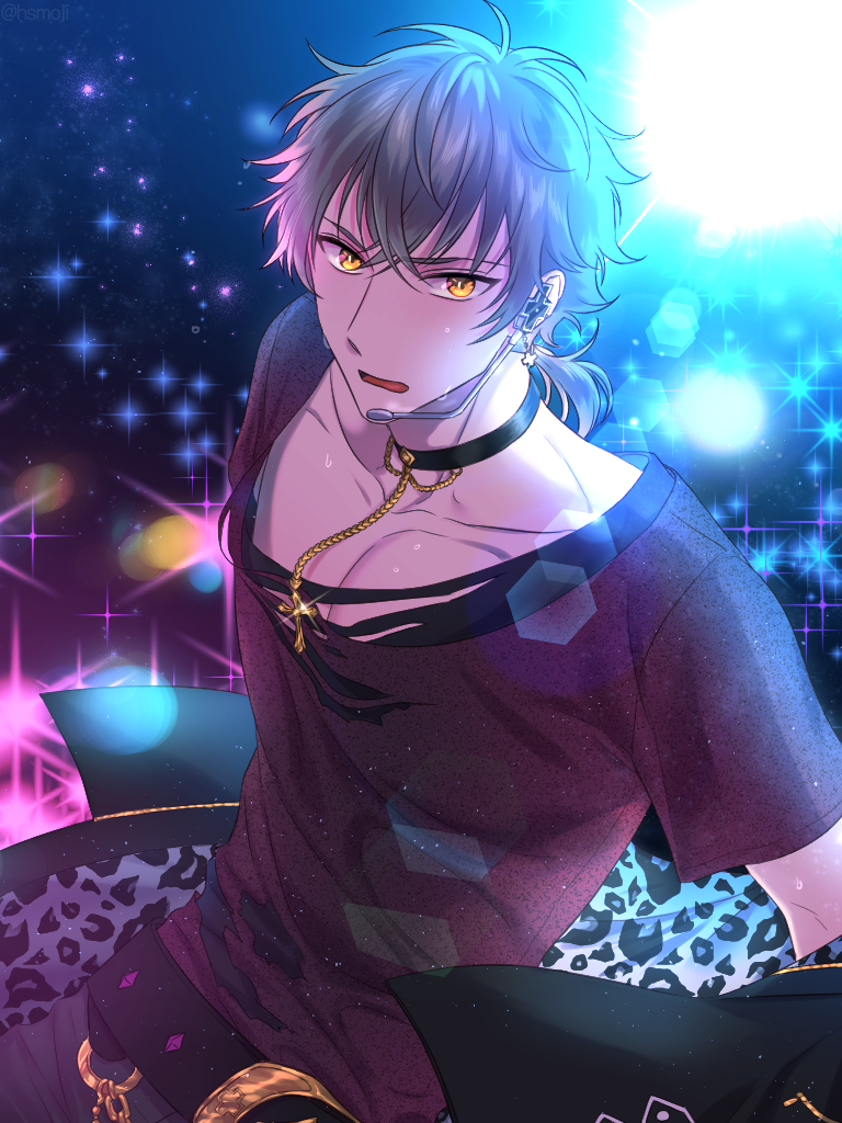 1boy belt black_choker black_shirt brown_eyes brown_hair choker collarbone cross cross_necklace earrings ensemble_stars! glint headset hsmoji jewelry light looking_at_viewer necklace oogami_koga open_mouth shirt sweat torn_clothes torn_shirt upper_body