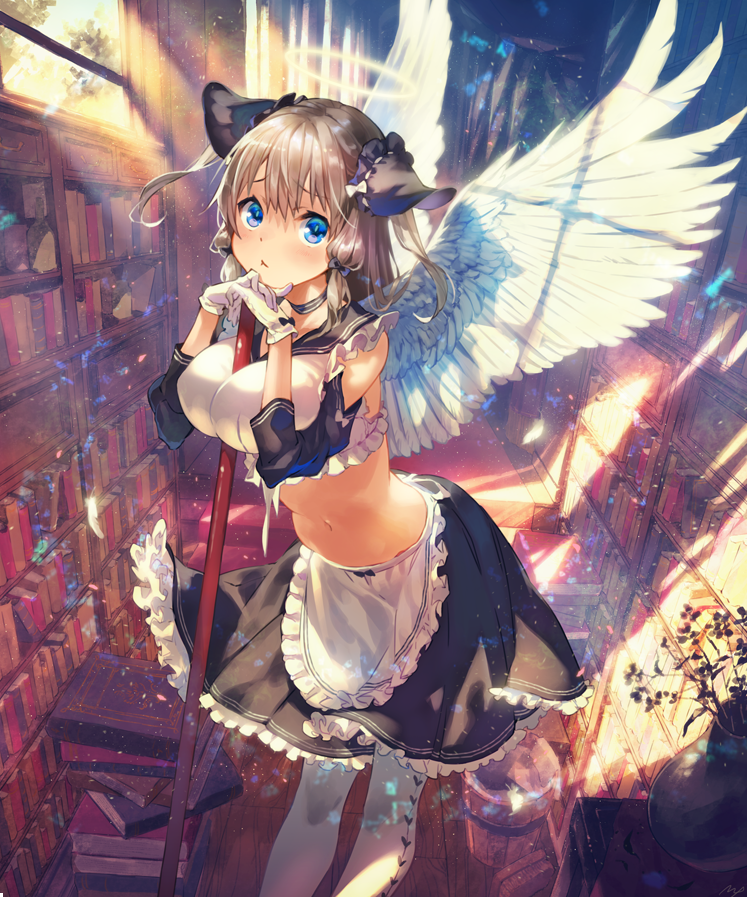 1girl angel_wings apron bangs bare_shoulders between_breasts black_choker black_sailor_collar black_skirt blue_bow blue_eyes blush book book_stack bookshelf bow breasts brown_hair brush bucket choker cleavage closed_mouth commentary_request crop_top day detached_sleeves eyebrows_visible_through_hair feathered_wings feathers floating_hair flower frilled_apron frilled_shirt frilled_skirt frills gloves hair_bow halo hands_together hands_up headdress holding indoors large_breasts leaning_forward library light_particles light_rays long_hair long_sleeves looking_at_viewer maeya_susumu maid maid_apron midriff mop navel original plant pleated_skirt potted_plant sailor_collar shirt sidelocks signature skirt solo stomach sunbeam sunlight thigh-highs two_side_up white_apron white_gloves white_legwear white_shirt window wings