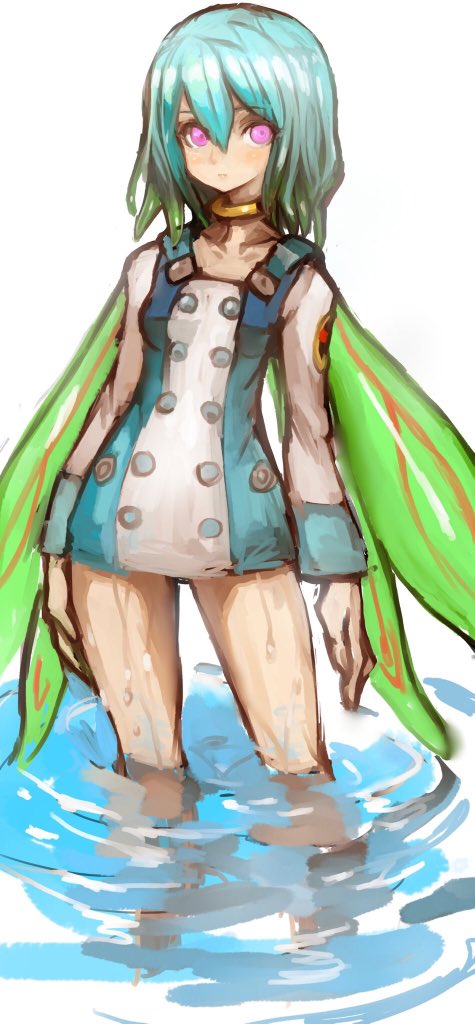 1girl blue_hair blush buttons choker collarbone dakusuta eureka eureka_seven eureka_seven_(series) green_wings hair_between_eyes long_sleeves pink_eyes short_hair solo standing wading water wet wings