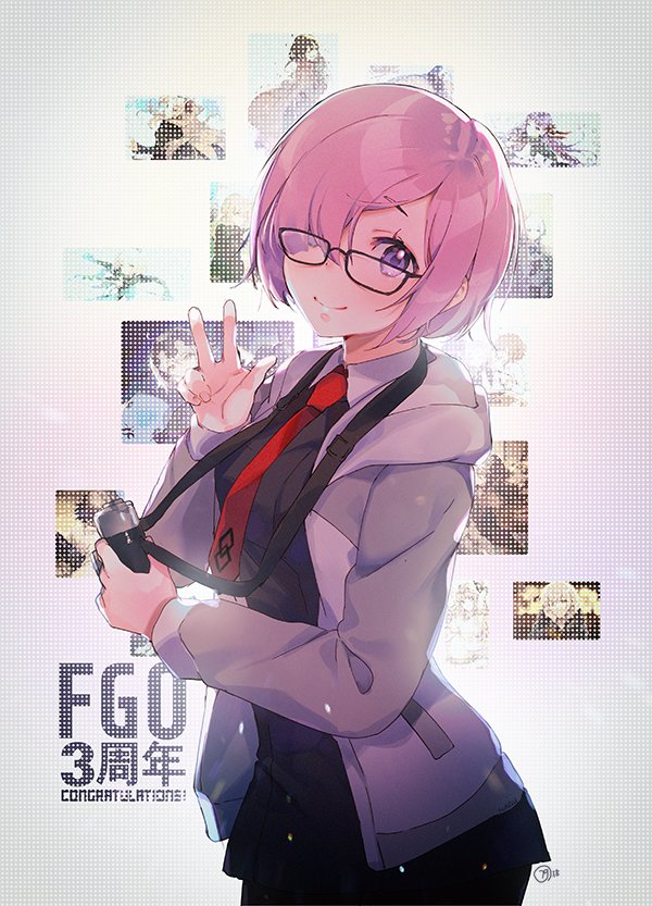 1girl black-framed_eyewear black_dress black_legwear copyright_name dress fate/grand_order fate_(series) glasses hair_over_one_eye head_tilt holding hood hood_down hooded_jacket jacket long_sleeves looking_at_viewer mash_kyrielight nagu necktie open_clothes open_jacket pantyhose pink_hair red_neckwear short_dress short_hair smile solo standing violet_eyes w