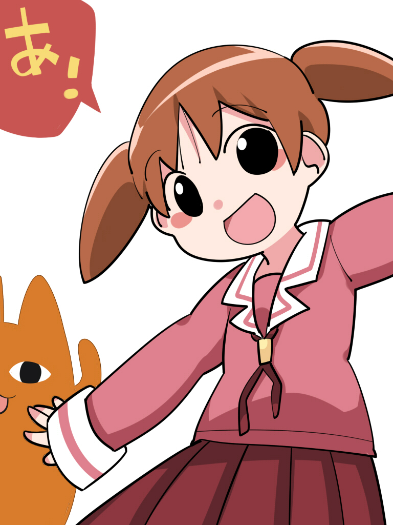 &lt;o&gt;_&lt;o&gt; 1girl arm_up azumanga_daioh blush_stickers brown_hair chiyo_chichi commentary_request hammer_(sunset_beach) long_hair mihama_chiyo open_mouth outstretched_arms school_uniform skirt sleeves_past_wrists smile translated twintails