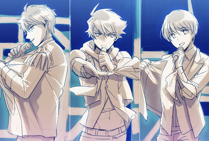 3boys beckoning fuyumi_jun idolmaster idolmaster_side-m jacket male_focus microphone moon_night_no_sei_ni_shite multiple_boys necktie outstretched_arm scarf shiomizu_(shouroku) short_hair smile split_screen taiga_takeru takajou_kyouji