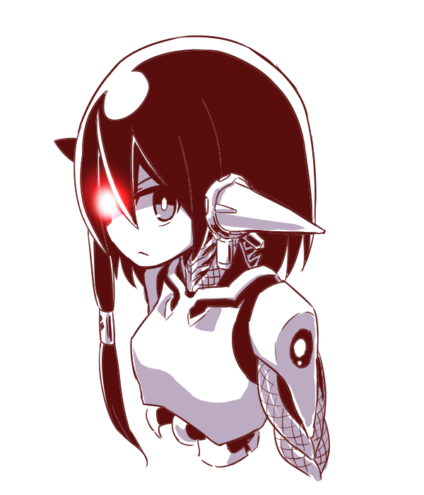 1girl android bangs closed_mouth cropped_torso glowing glowing_eye hair_between_eyes horns long_hair looking_at_viewer monochrome naga_u original simple_background solo spot_color v-shaped_eyebrows white_background