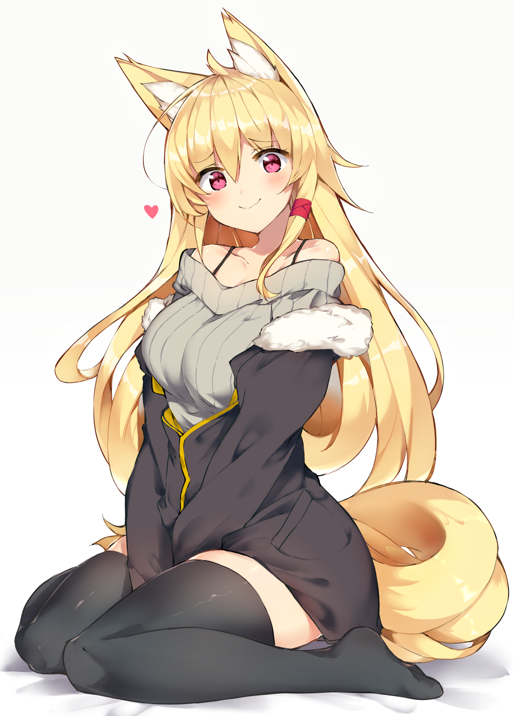 1girl animal_ears arms_between_legs bare_shoulders black_legwear blonde_hair blush breasts closed_mouth collarbone commentary_request eyebrows_visible_through_hair fox_ears full_body hair_between_eyes haruyuki_(yukichasoba) heart highres long_hair long_sleeves looking_at_viewer original red_eyes simple_background smile solo sweater tail thigh-highs white_background