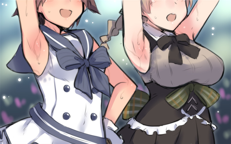 2girls armpits arms_up black_bow blue_bow bow braid breasts brown_hair dress em gloves large_breasts lynette_bishop miyafuji_yoshika multiple_girls open_mouth out_of_frame plaid plaid_bow sailor_dress sleeveless sleeveless_dress small_breasts strike_witches striped striped_bow sweat white_gloves world_witches_series