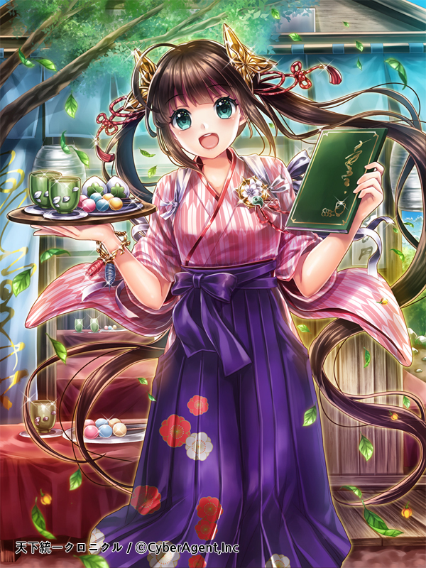 :d aqua_eyes blue_bow blue_hakama bow bracelet building cup dango day dessert floral_print food glint hair_ornament hakama hobak holding holding_tray japanese_clothes jewelry lantern leaf long_hair looking_at_viewer menu official_art open_mouth outdoors paper_lantern plate smile striped tea tenka_touitsu_chronicle tray tree twintails wagashi wide_sleeves